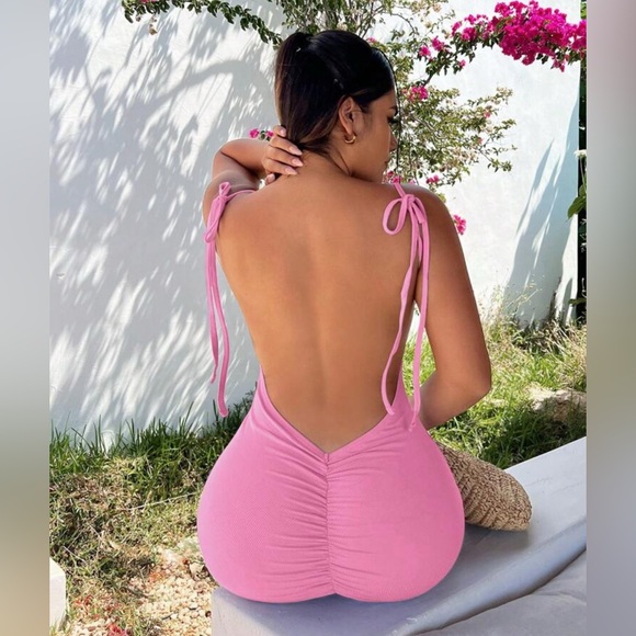 Sexy Tie Shoulder Backless Ruched Scrunch Butt Cami Dress S Small Pink Maxi - Picture 1 of 3